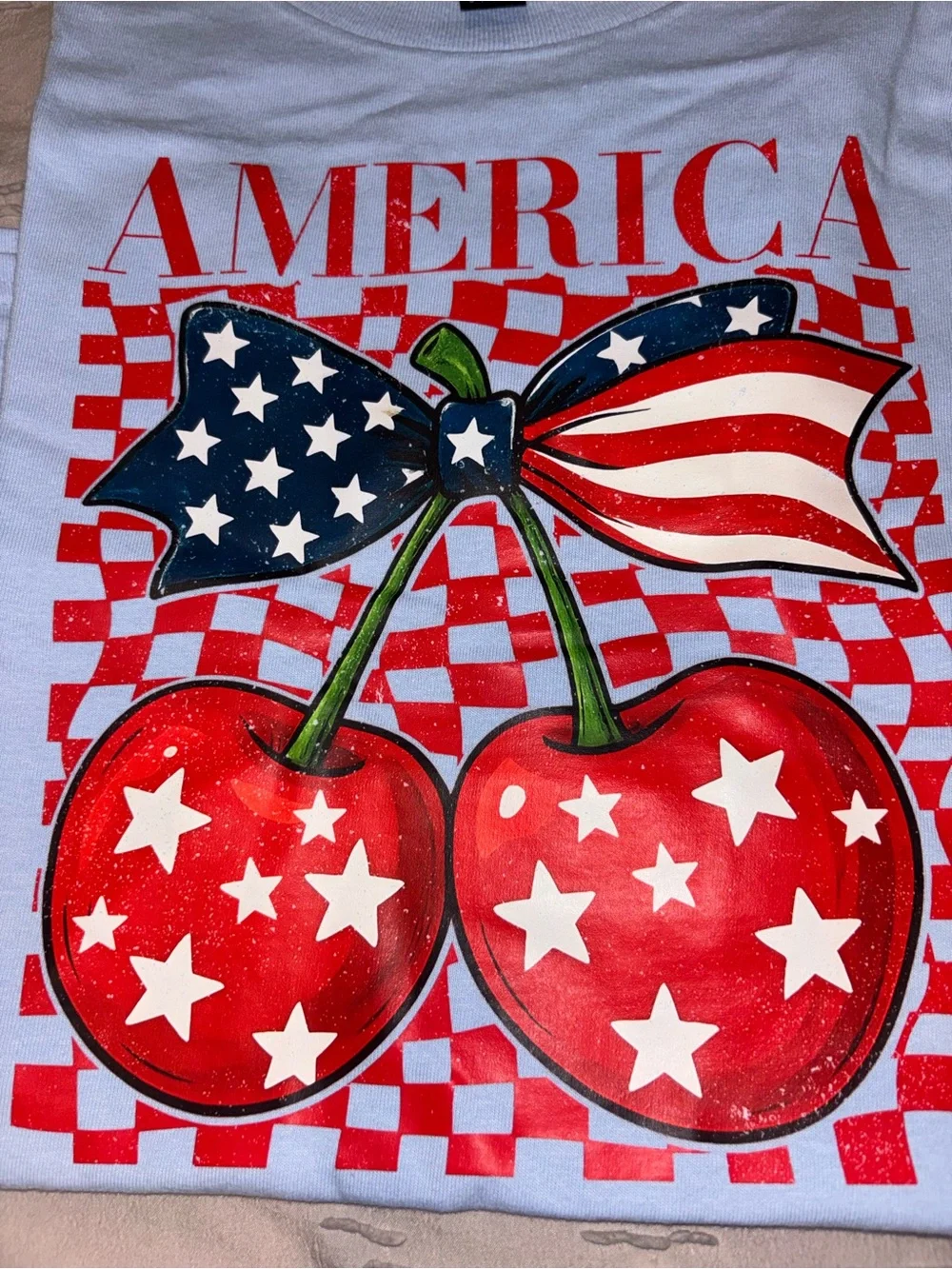 Gildan Heavy Cotton “America Cherry Bow” Graphic Tee – Patriotic Shirt